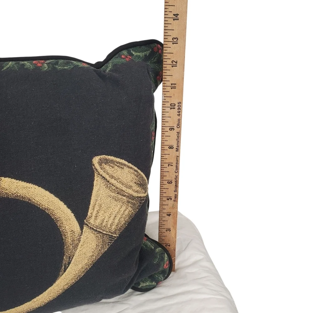 Classic Holiday Pillow. Black With Gold Horn And Red Green Accents. 16